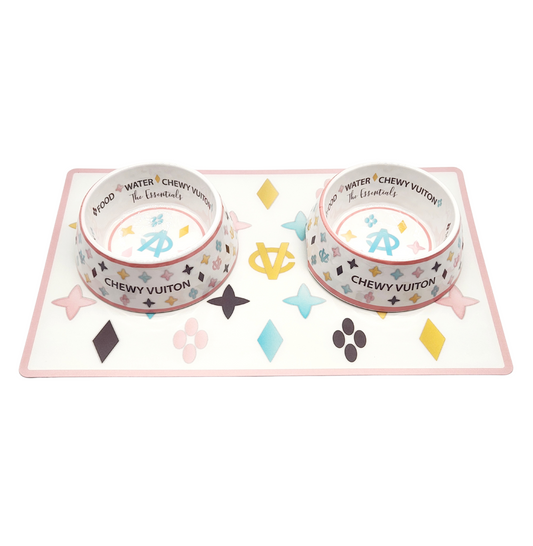 White Chewy Vuiton Dog Bowl Set