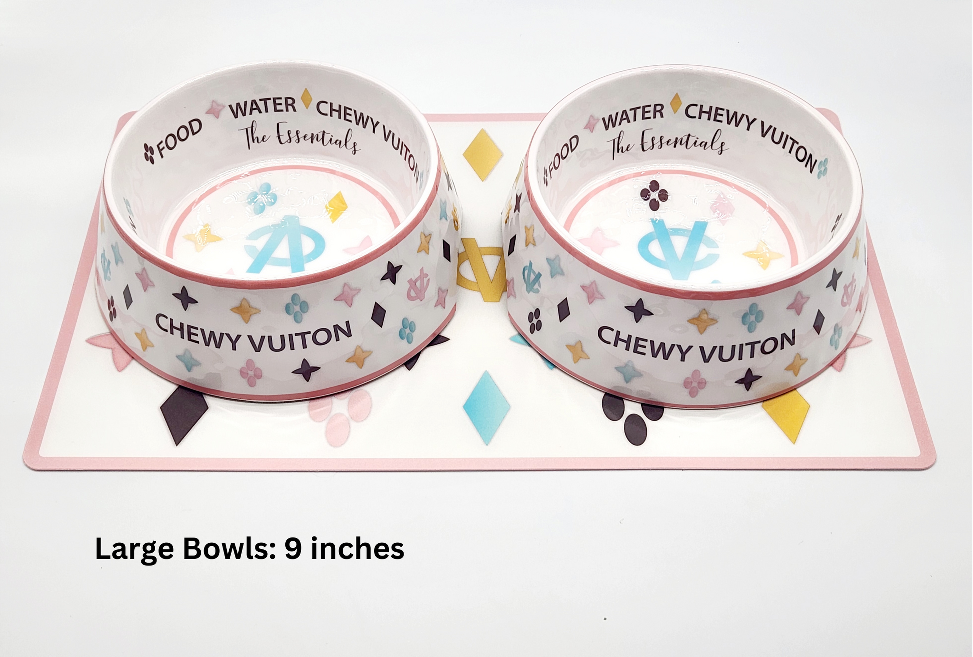 White Chewy Vuiton Dog Bowl Set