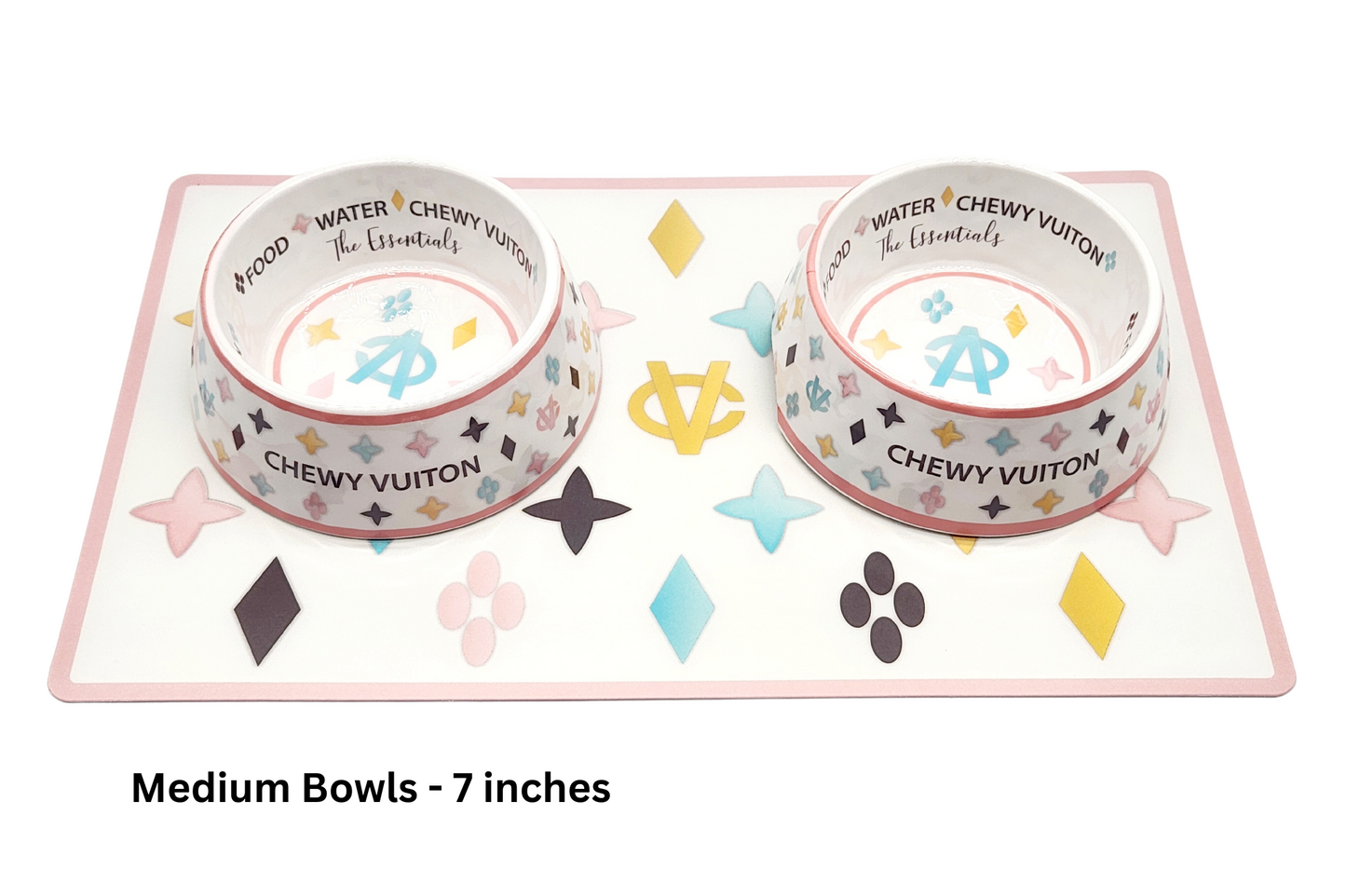 White Chewy Vuiton Dog Bowl Set with Placemat
