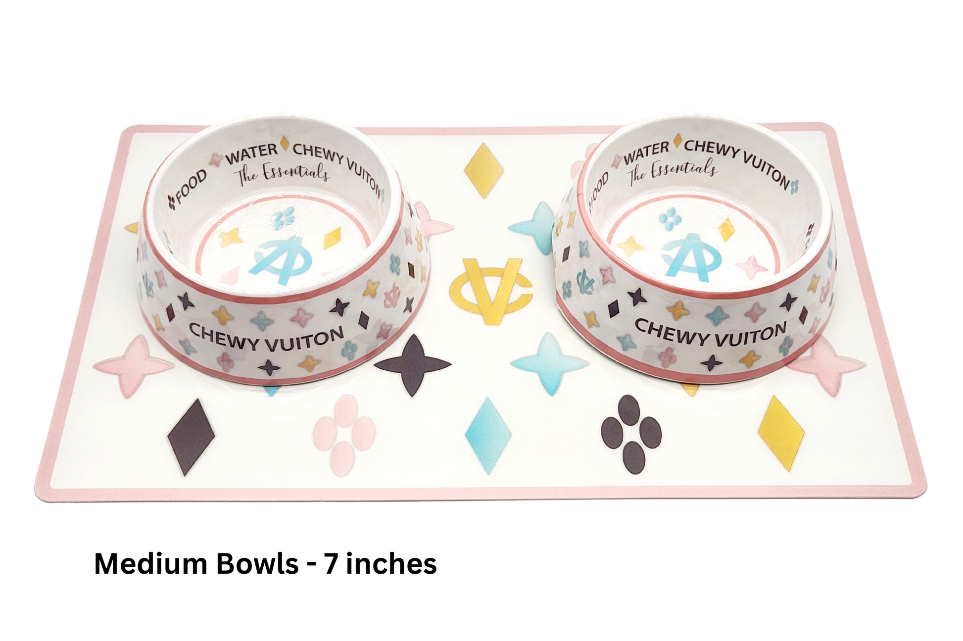 White Chewy Vuiton Dog Bowl Set